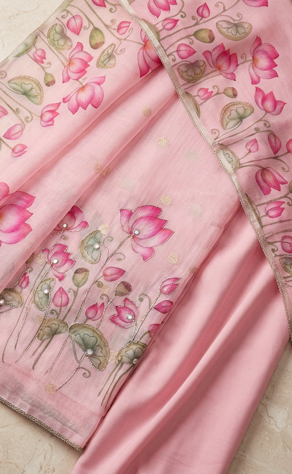 Baby Pink Kota Cotton Lotus Printed Un-Stitched Dress Material