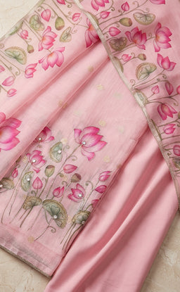 Baby Pink Kota Cotton Lotus Printed Un-Stitched Dress Material