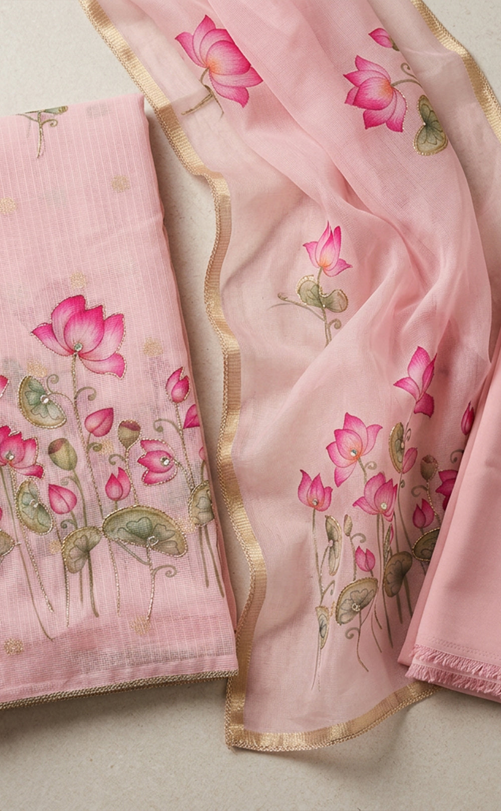 Baby Pink Kota Cotton Lotus Printed Un-Stitched Dress Material