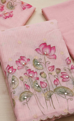 Baby Pink Kota Cotton Lotus Printed Un-Stitched Dress Material