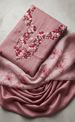 Peach Pink Fancy Thread Embroidery Un-Stitched Dress Material