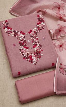 Peach Pink Fancy Thread Embroidery Un-Stitched Dress Material