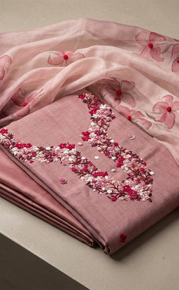 Peach Pink Fancy Thread Embroidery Un-Stitched Dress Material