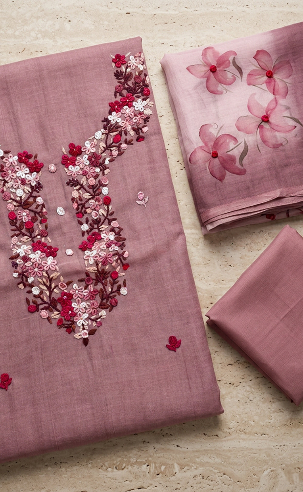 Peach Pink Fancy Thread Embroidery Un-Stitched Dress Material