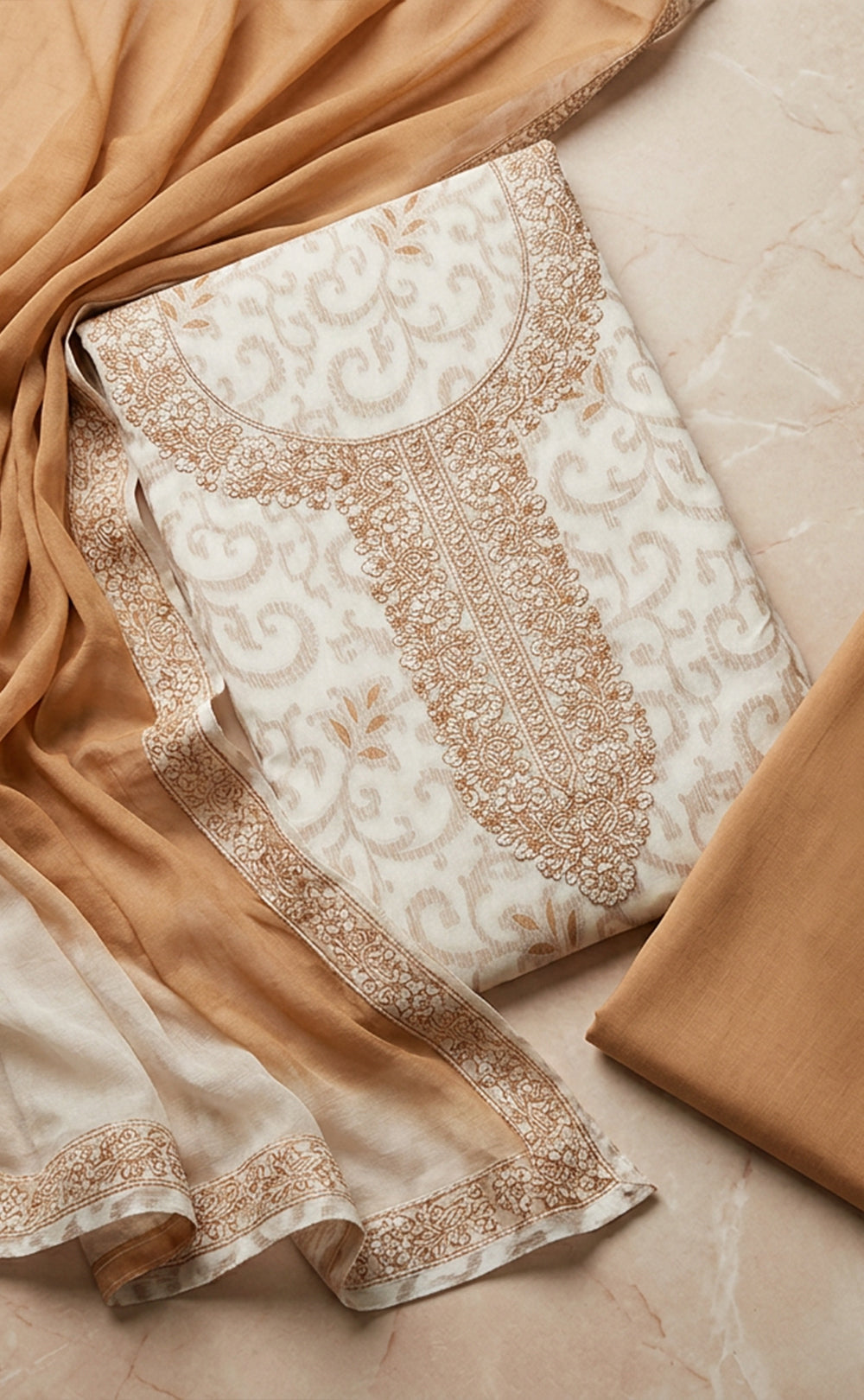 Half-White With Cream Cotton Thread Embroidery Un-Stitched Dress Material