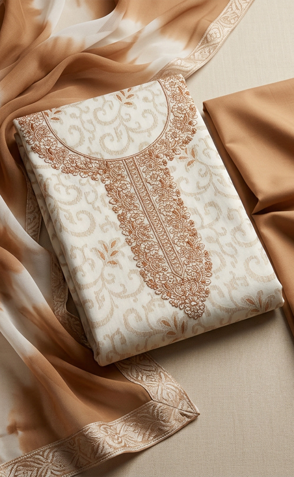 Half-White With Cream Cotton Thread Embroidery Un-Stitched Dress Material