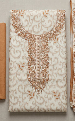 Half-White With Cream Cotton Thread Embroidery Un-Stitched Dress Material