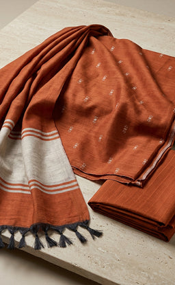Rust Orange Fancy Ikkat Buti Work Un-Stitched Dress Material