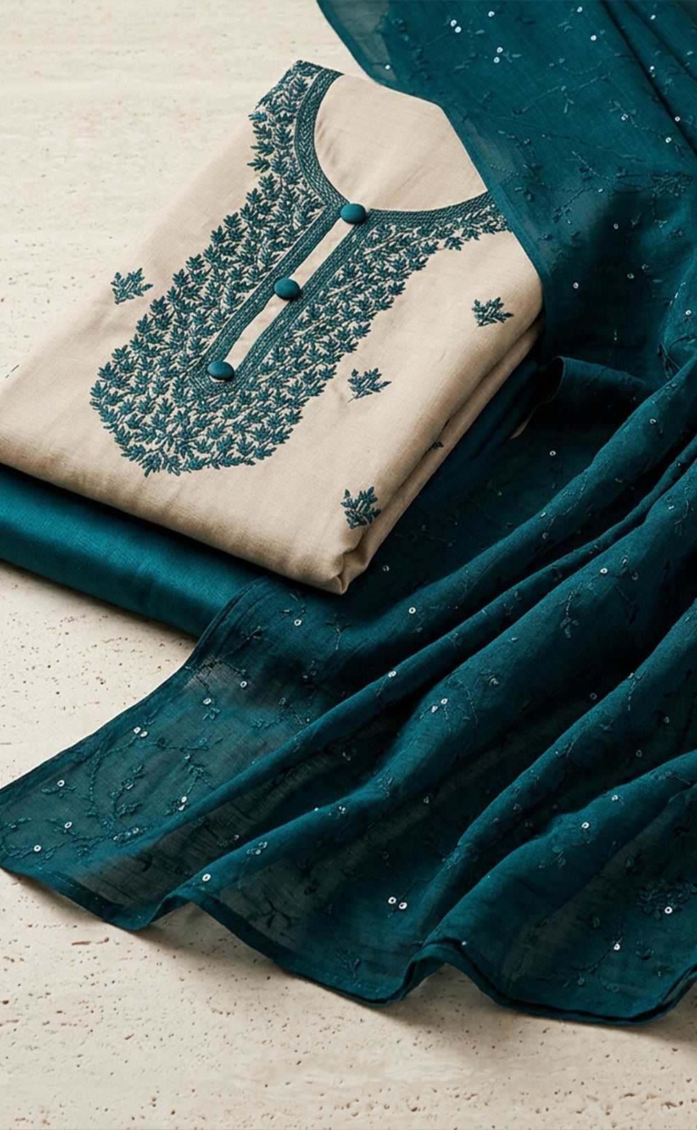 Cream Vichitra Silk Thread Embroidery Un-Stitched Dress Material