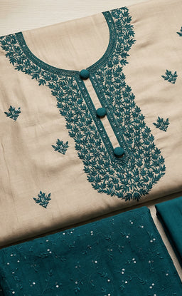 Cream Vichitra Silk Thread Embroidery Un-Stitched Dress Material