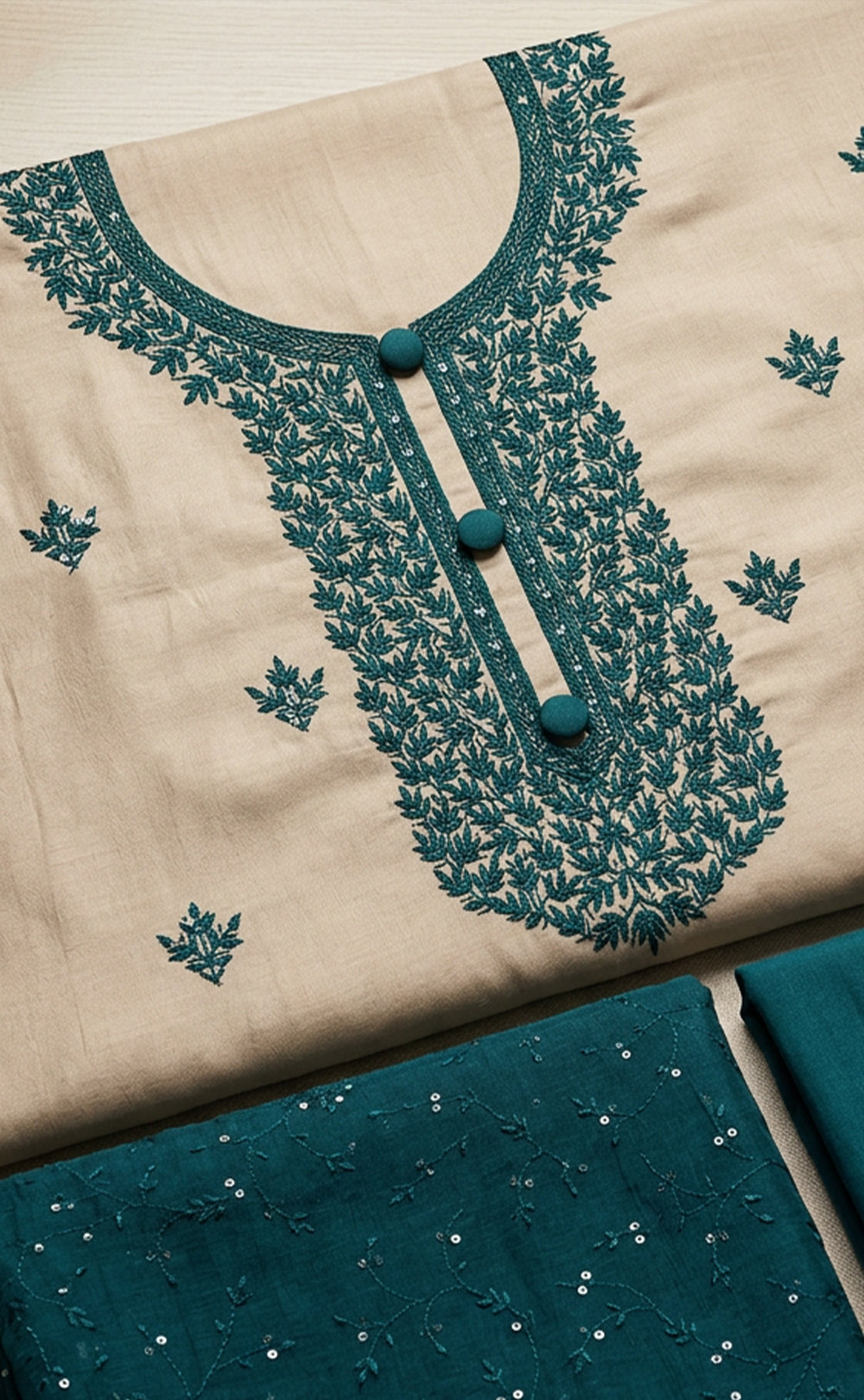 Cream Vichitra Silk Thread Embroidery Un-Stitched Dress Material
