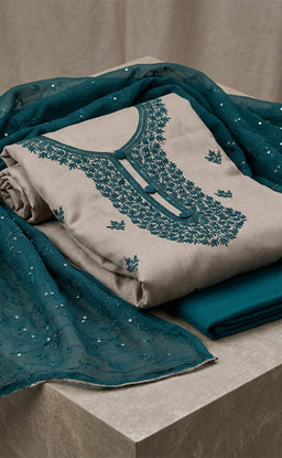 Cream Vichitra Silk Thread Embroidery Un-Stitched Dress Material