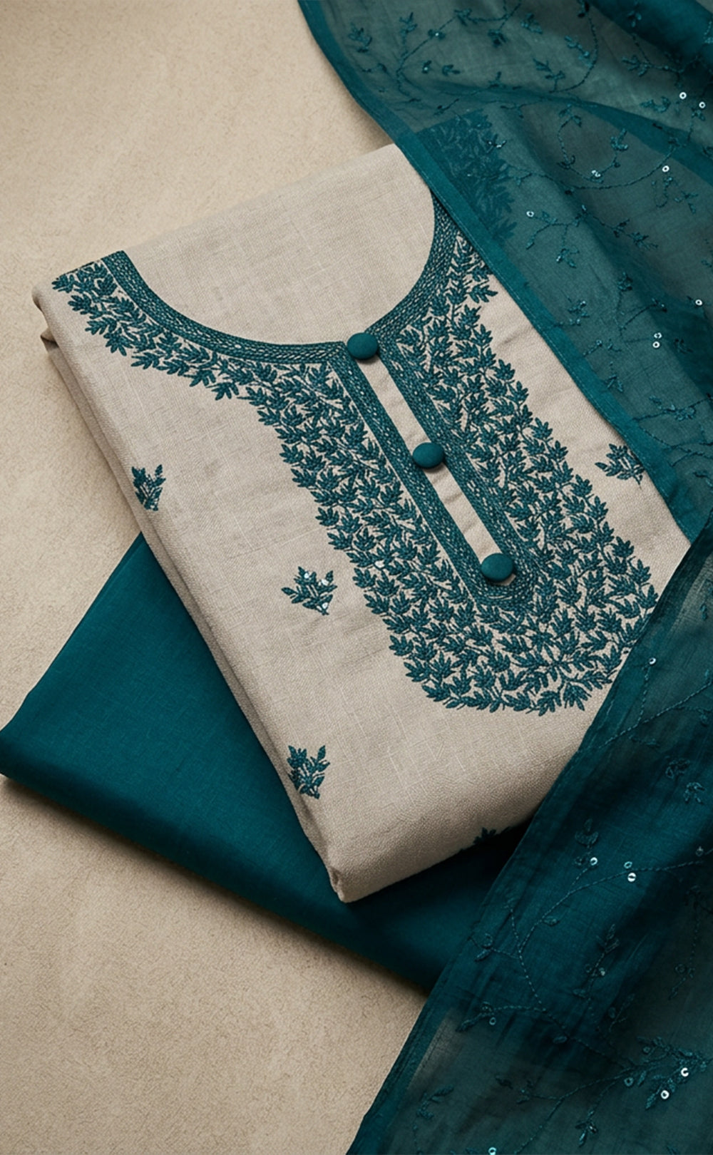 Cream Vichitra Silk Thread Embroidery Un-Stitched Dress Material