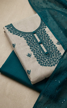 Cream Vichitra Silk Thread Embroidery Un-Stitched Dress Material