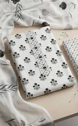 White Cotton Floral Printed Un-stitched Dress Material