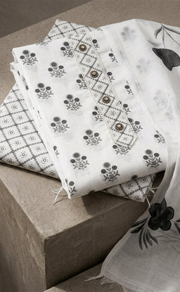 White Cotton Floral Printed Un-stitched Dress Material
