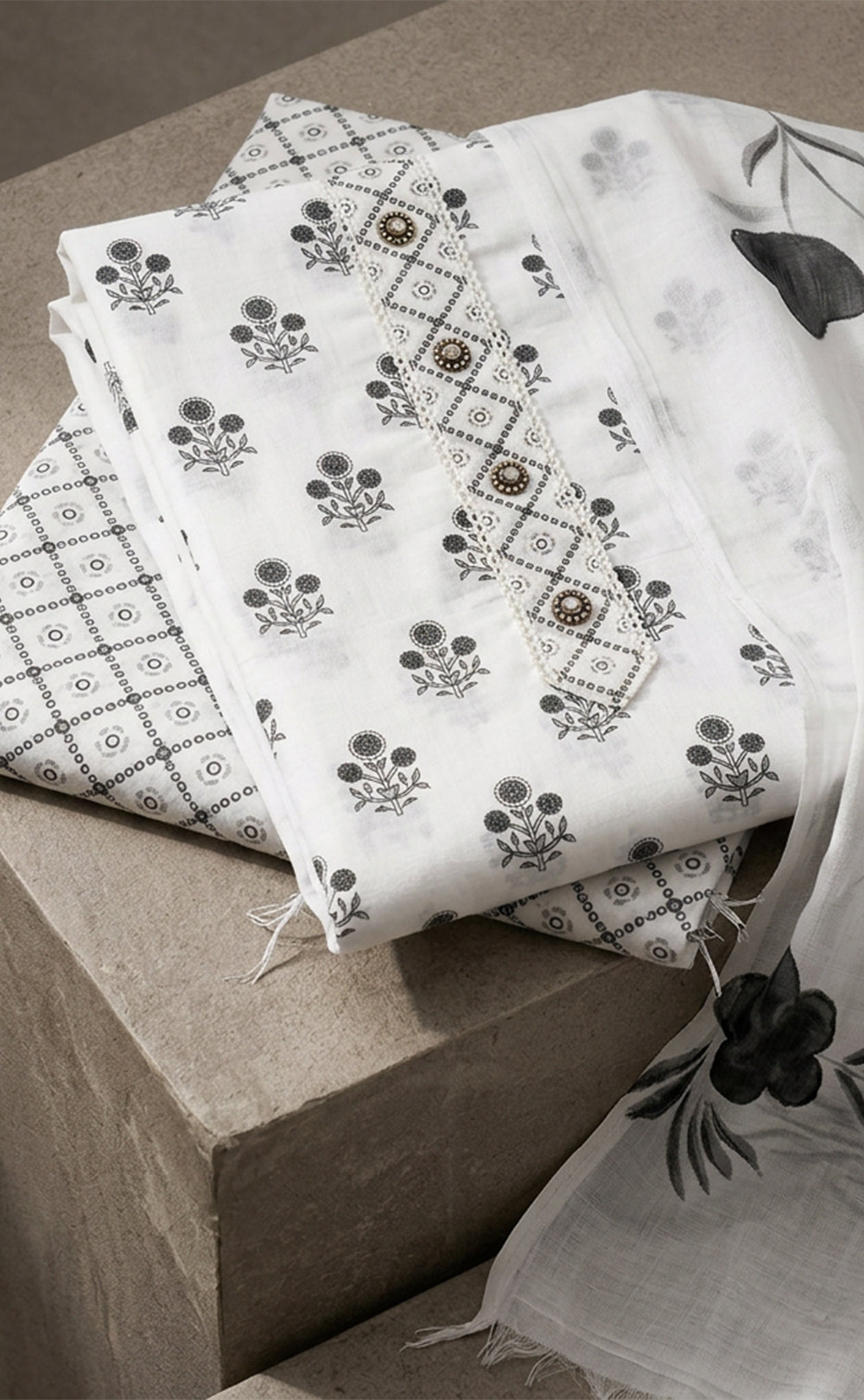 White Cotton Floral Printed Un-stitched Dress Material