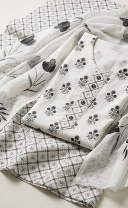 White Cotton Floral Printed Un-stitched Dress Material