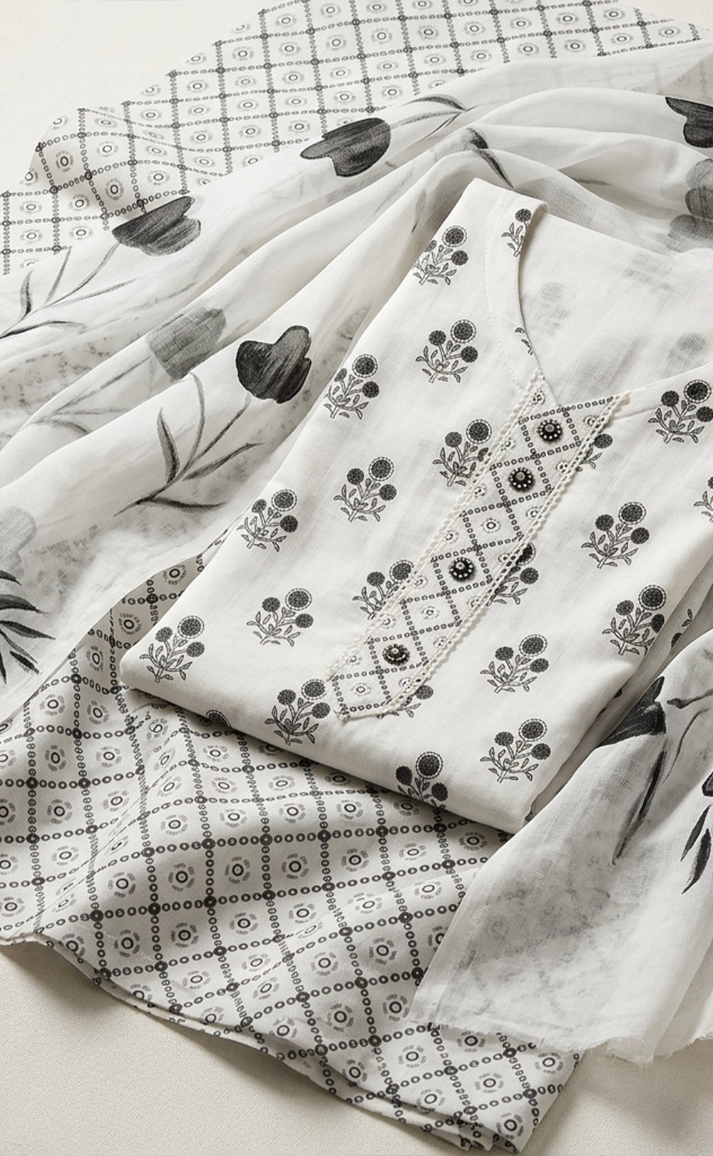 White Cotton Floral Printed Un-stitched Dress Material