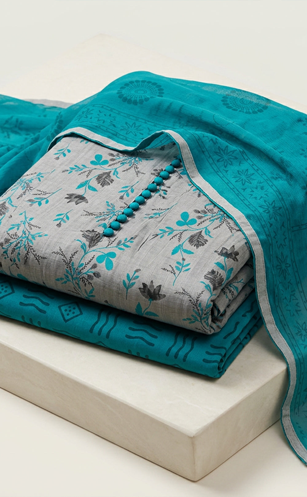 Grey Cotton All-Over Floral Printed Un-Stitched Dress Material