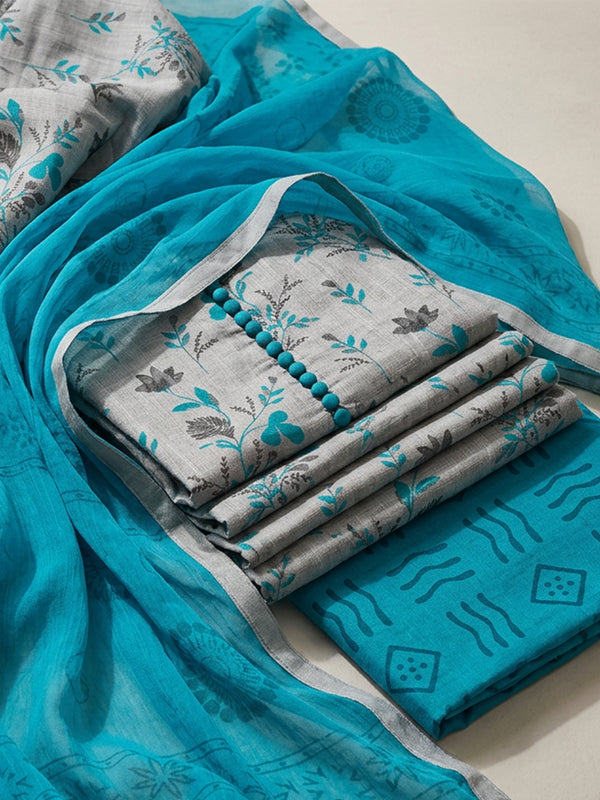 Grey Cotton All-Over Floral Printed Un-Stitched Dress Material