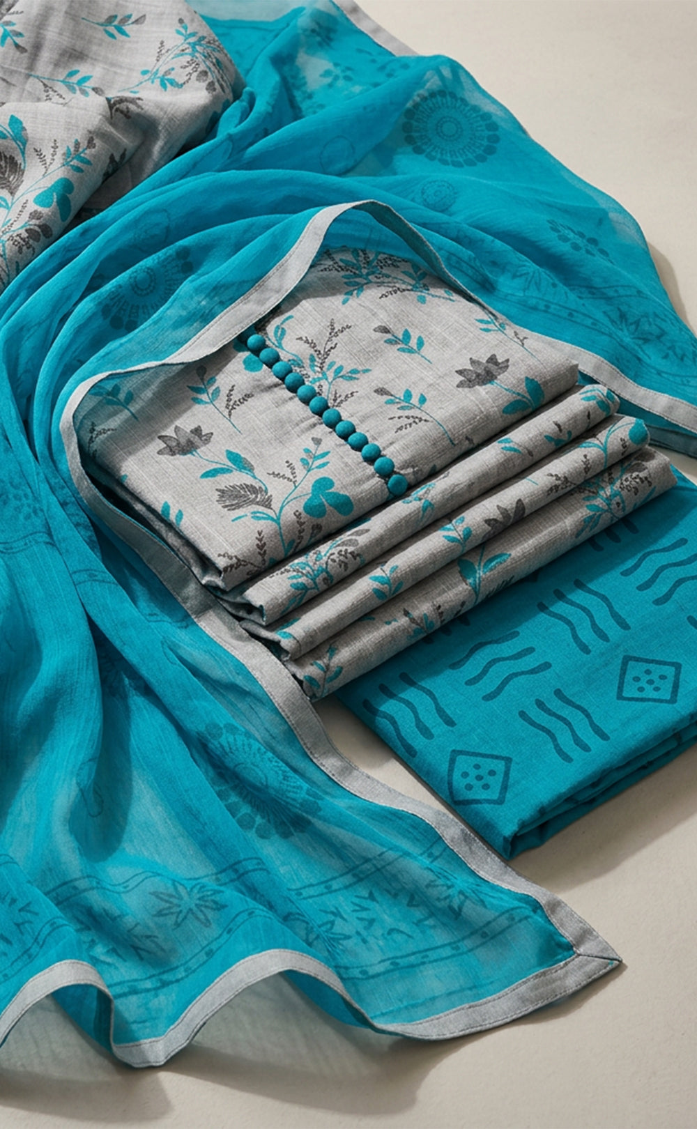 Grey Cotton All-Over Floral Printed Un-Stitched Dress Material