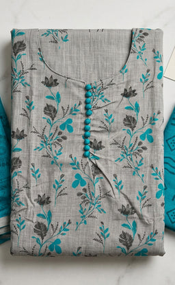 Grey Cotton All-Over Floral Printed Un-Stitched Dress Material