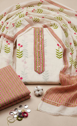 White Cotton All-Over Leaf Printed Un-Stitched Dress Material