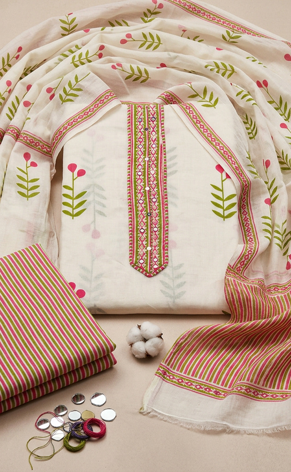 White Cotton All-Over Leaf Printed Un-Stitched Dress Material