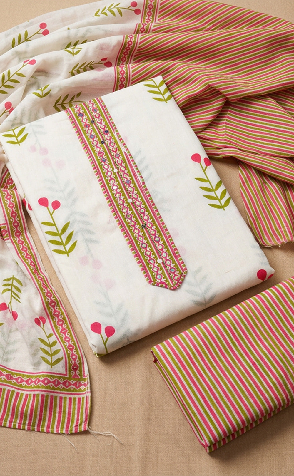 White Cotton All-Over Leaf Printed Un-Stitched Dress Material