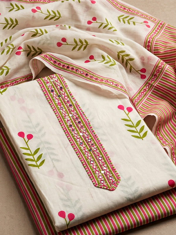 White Cotton All-Over Leaf Printed Un-Stitched Dress Material