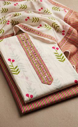 White Cotton All-Over Leaf Printed Un-Stitched Dress Material