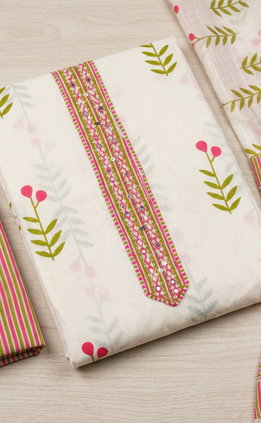 White Cotton All-Over Leaf Printed Un-Stitched Dress Material