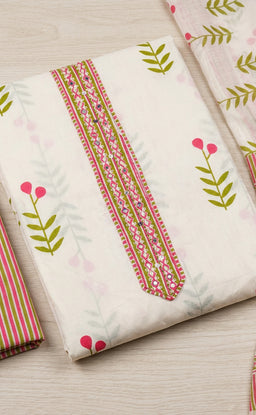 White Cotton All-Over Leaf Printed Un-Stitched Dress Material