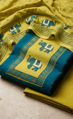 Mustard Yellow With Rama Blue Cotton Elephant Printed Un-Stitched Dress Material
