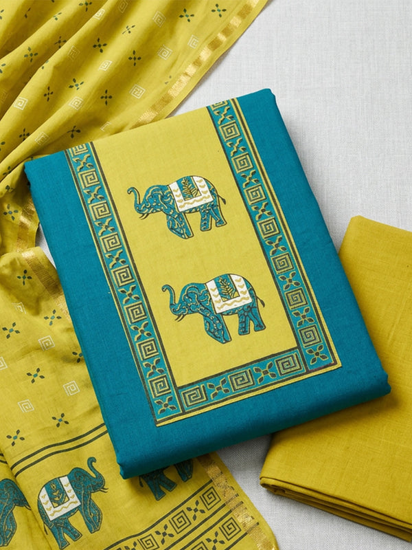 Mustard Yellow With Rama Blue Cotton Elephant Printed Un-Stitched Dress Material