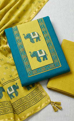 Mustard Yellow With Rama Blue Cotton Elephant Printed Un-Stitched Dress Material