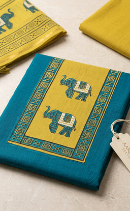 Mustard Yellow With Rama Blue Cotton Elephant Printed Un-Stitched Dress Material