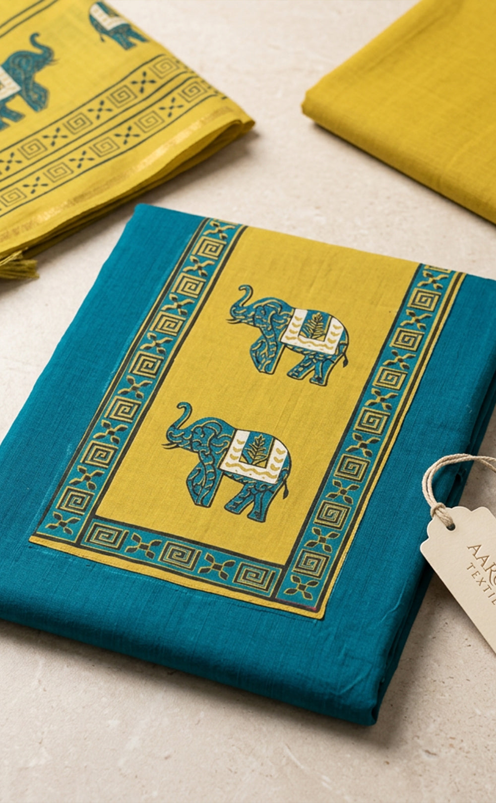 Mustard Yellow With Rama Blue Cotton Elephant Printed Un-Stitched Dress Material