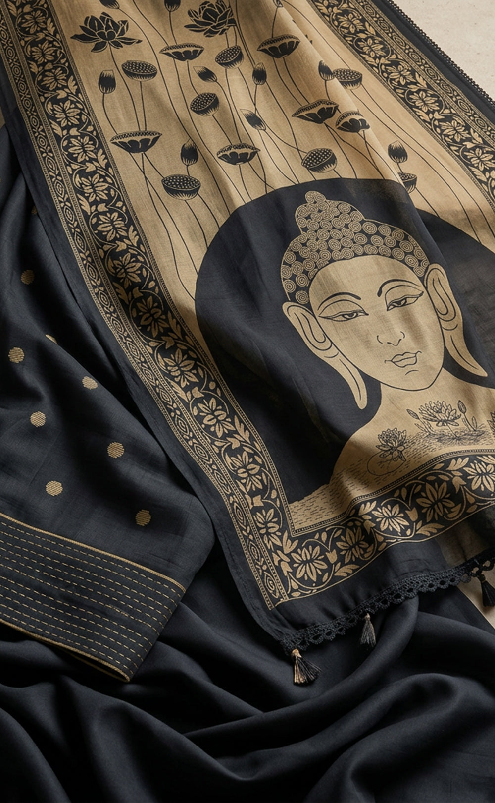 Black Cotton Ikkat Printed Un-Stitched Dress Material