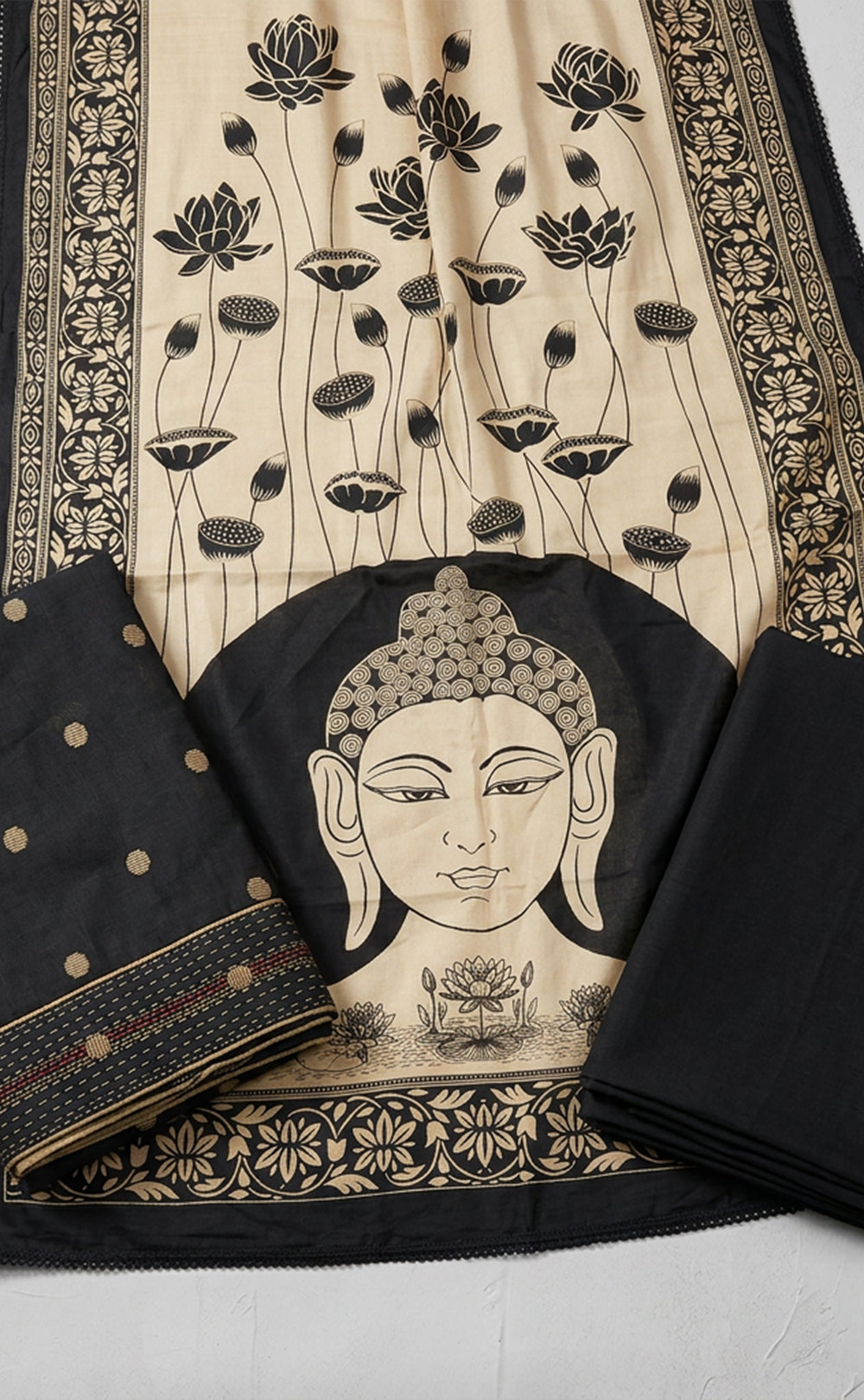 Black Cotton Ikkat Printed Un-Stitched Dress Material