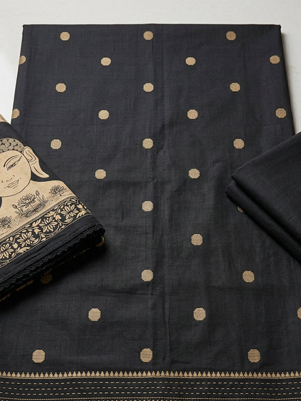 Black Cotton Ikkat Printed Un-Stitched Dress Material
