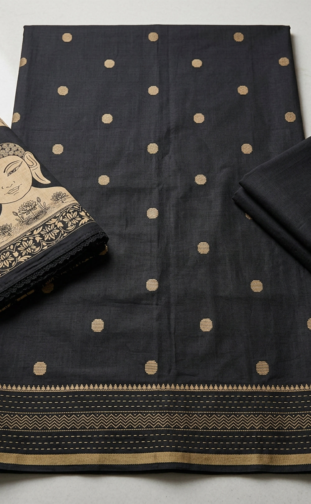 Black Cotton Ikkat Printed Un-Stitched Dress Material