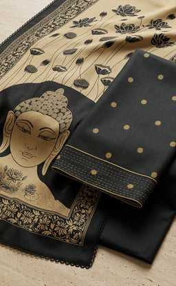 Black Cotton Ikkat Printed Un-Stitched Dress Material