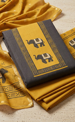 Dark Chocolate Brown Cotton Elephant Printed Un-Stitched Dress Material