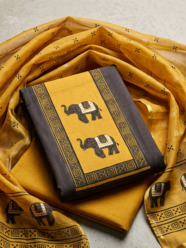 Dark Chocolate Brown Cotton Elephant Printed Un-Stitched Dress Material