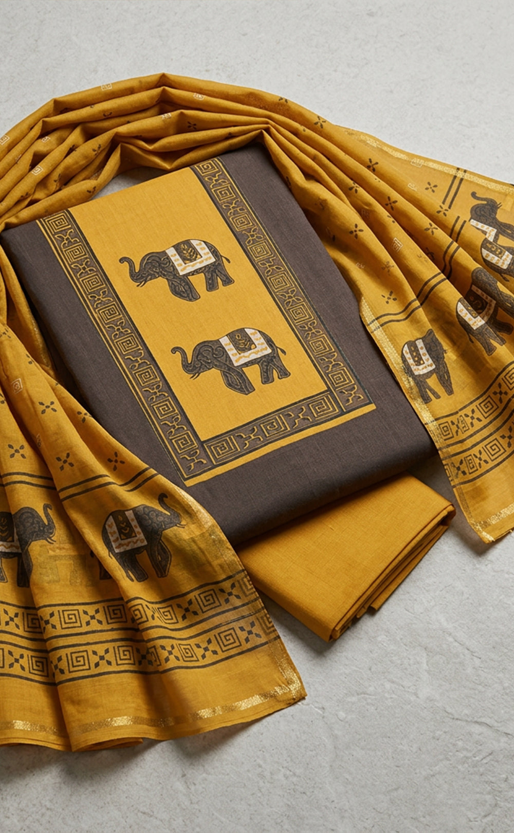 Dark Chocolate Brown Cotton Elephant Printed Un-Stitched Dress Material