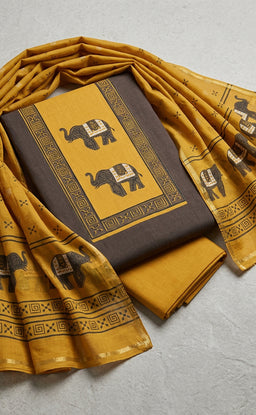 Dark Chocolate Brown Cotton Elephant Printed Un-Stitched Dress Material