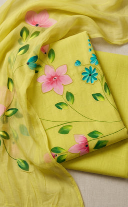 Mustard Yellow Roman Silk Brush Printed Un-Stitched Dress Material