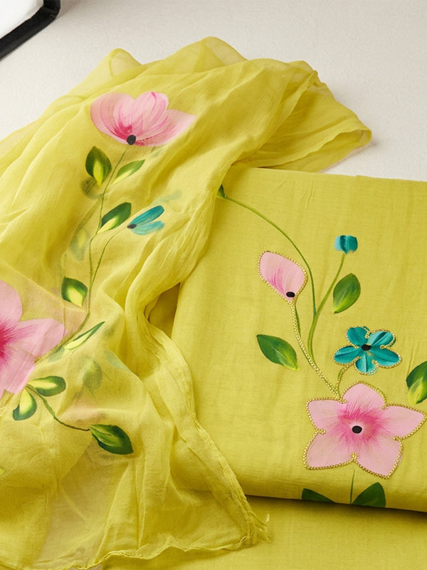 Mustard Yellow Roman Silk Brush Printed Un-Stitched Dress Material